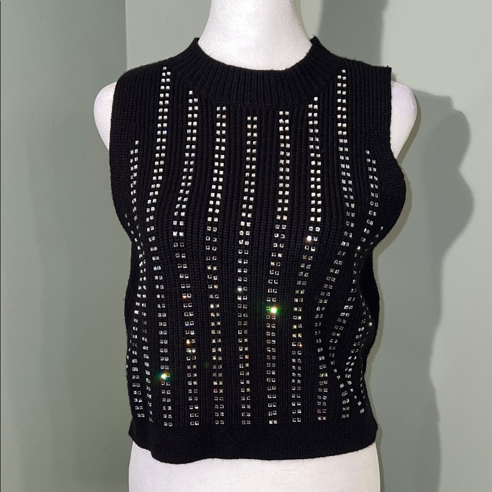 Eesome Black Sweater with Mirror Crystal Embellishments Sz L NWT